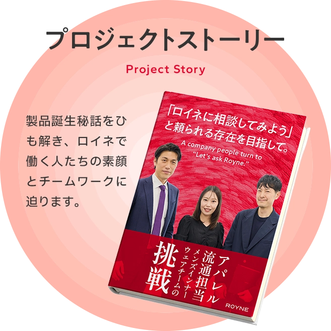 プロジェクトストーリー Project Story 製品誕生秘話をひも解き、ロイネで働く人たちの素顔とチームワークに迫ります。